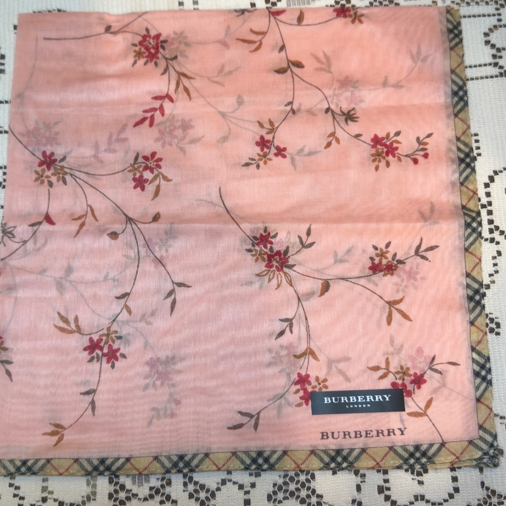 Burberry Peach Floral Handkerchief/Scarf with Plaid Trim  Cotton